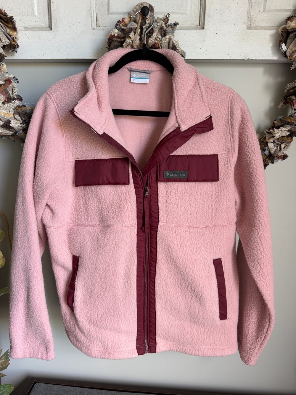 Columbia Pink Teddy Fleece Jacket with Wine Trim
